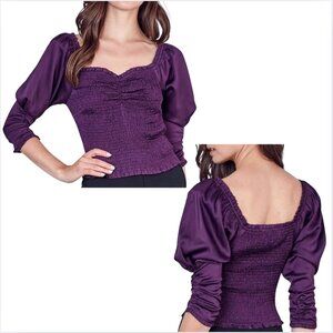 DO+BE Purple/Eggplant Satin Smocked Bodice with Puffed Sleeves Top - Small